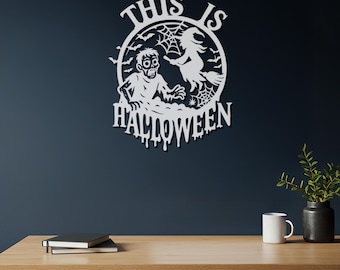 Spooky Halloween Metal Wall Art, Witch and Zombie Design, Creepy Halloween Decor for Home, Unique Metal Wall Hanging for Halloween