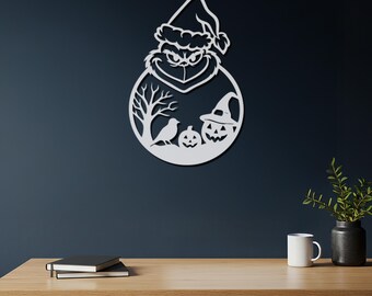 Grinch Halloween Metal Wall Art, Festive Grinch Design with Spooky Pumpkins, Unique Halloween Decor for Home, Metal Wall Art Spooky