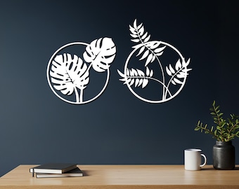 Arte mural con hojas tropicales, decoración botánica, decoración de hojas, arte con hojas de monstera, decoración moderna, arte mural natural, regalo para amantes de las plantas, regalo decorativo