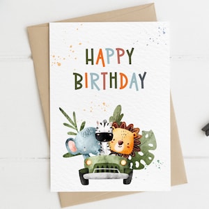 Carte d'anniversaire Safari - Joyeux anniversaire - Carte postale A6 - Carte cadeau Animaux de la jungle Lion Zèbre Éléphant