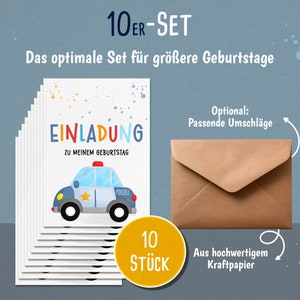 May include: A set of 10 blank invitation cards with a cartoon police car illustration. The cards are white with colorful polka dots and the text "EINLADUNG ZU MEINEM GEBURTSTAG". The set also includes 10 brown envelopes.