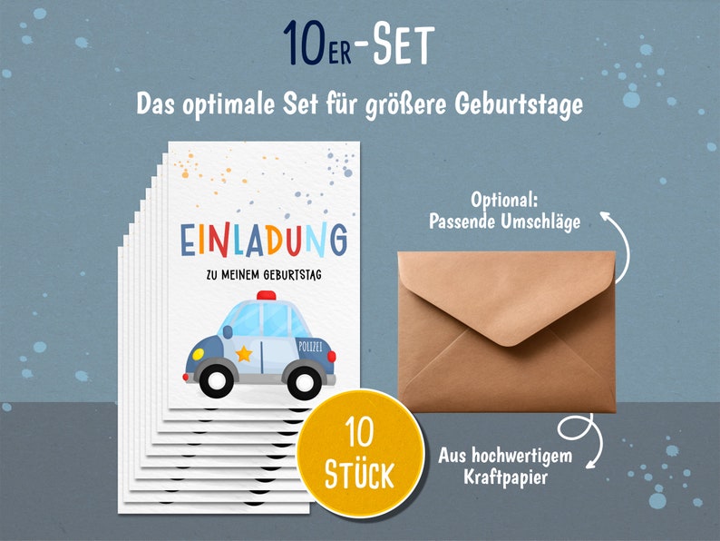 May include: A set of 10 blank invitation cards with a cartoon police car illustration. The cards are white with colorful polka dots and the text "EINLADUNG ZU MEINEM GEBURTSTAG". The set also includes 10 brown envelopes.