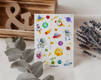 Weltraum Sticker Sheet | 28 individuelle Sticker mit Planeten, Raketen, Aliens & Astronauten für Journal, Planer, Scrapbook, Bullet Journal