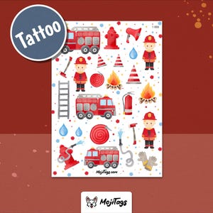 Könnte beinhalten: Ein Bogen temporärer Tattoos mit einem Feuerwehr-Thema. Das Design umfasst rote Feuerwehrautos, Feuerwehrleute, Hydranten, Flammen und andere verwandte Elemente. Das Wort "Tattoo" befindet sich in einem blauen Kreis.