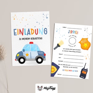 May include: A blue and white police car with a yellow star on the side. The car is on a white background with colorful dots. The text "EINLADUNG ZU MEINEM GEBURTSTAG" is at the top of the image.