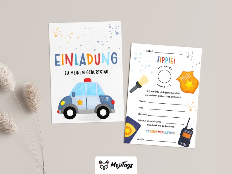 May include: A blue and white police car with a yellow star on the side. The car is on a white background with colorful dots. The text "EINLADUNG ZU MEINEM GEBURTSTAG" is at the top of the image.