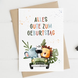 Safari Geburtstagskarte - Alles gute zum Geburtstag - A6 Postkarte - Karte Geschenk Dschungeltiere Löwe Zebra Elefant