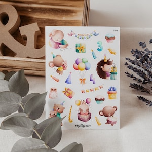 Tier Geburtstagsparty Stickerbogen - 23 Einzigartige Sticker für Kindergeburtstage, Bullet Journals, Scrapbooking und Planer