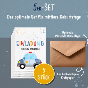May include: A set of five blank birthday invitations featuring a cartoon police car with the text "EINLADUNG ZU MEINEM GEBURTSTAG" and "5 ST&Uuml;CK". The invitations are on white cardstock and are stacked on top of each other. A brown envelope is shown to the right of the invitations. The text "Optional: Passende Umschl&auml;ge" and "Aus hochwertigem Kraftpapier" is also included in the image.