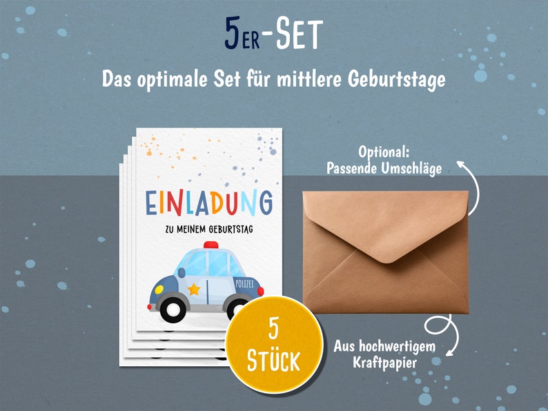May include: A set of five blank birthday invitations featuring a cartoon police car with the text "EINLADUNG ZU MEINEM GEBURTSTAG" and "5 ST&Uuml;CK". The invitations are on white cardstock and are stacked on top of each other. A brown envelope is shown to the right of the invitations. The text "Optional: Passende Umschl&auml;ge" and "Aus hochwertigem Kraftpapier" is also included in the image.