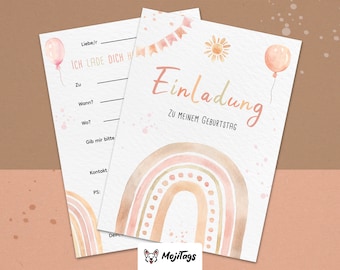 Regenbogen Einladungskarten Kindergeburtstag | DIN A6 | Partyeinladungen | Boho-Party | Geburtstagsparty | Einladungen für Kinder Mädchen