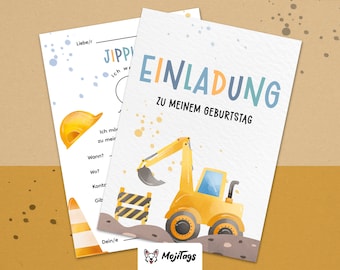 Bagger Einladungskarten Kindergeburtstag| DIN A6 | Partyeinladungen | Geburtstagsparty | Einladungen für Kinder Jungs | Bagger-Party