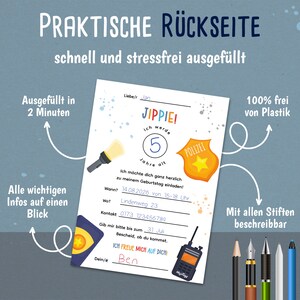 May include: A printable birthday invitation card with a police theme. The card is decorated with a police badge, a flashlight, and a walkie-talkie. The text on the card reads "JIPPIE! I'm turning 5 years old." The card is designed to be filled out with details about the birthday party.