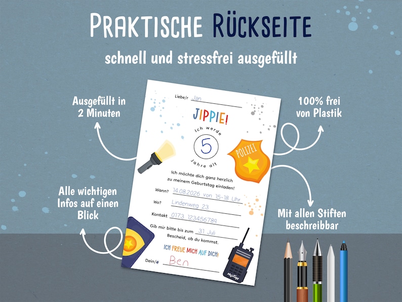 May include: A printable birthday invitation card with a police theme. The card is decorated with a police badge, a flashlight, and a walkie-talkie. The text on the card reads "JIPPIE! I'm turning 5 years old." The card is designed to be filled out with details about the birthday party.