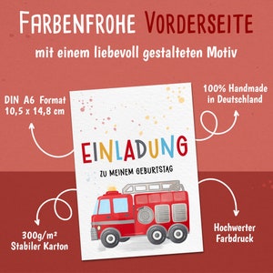 Feuerwehr Einladungskarten Kindergeburtstag DIN A6 Partyeinladungen Feuerwehr-Party Geburtstagsparty Einladungen für Kinder Bild 2