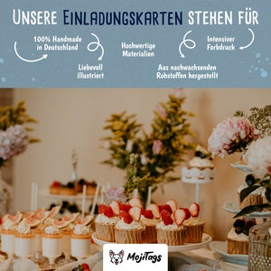 May include: A table setting with a variety of desserts, including cupcakes with strawberries, pastries with figs, and desserts in glass cups. The table is decorated with flowers and greenery. The text "MojiTags" is visible in the lower center of the image.