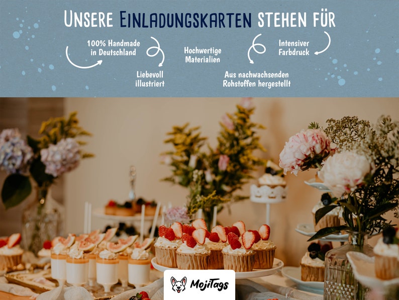 May include: A table setting with a variety of desserts, including cupcakes with strawberries, pastries with figs, and desserts in glass cups. The table is decorated with flowers and greenery. The text "MojiTags" is visible in the lower center of the image.