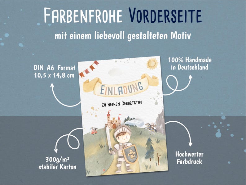 Lemmami 8er Set Einladungskarten Kindergeburtstag Ritter – Aquarell Burg & Ritterturnier DIN A6