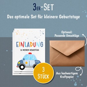 May include: A set of three birthday invitations featuring a cartoon police car with the text "EINLADUNG ZU MEINEM GEBURTSTAG" and "3 ST&Uuml;CK". The invitations are printed on white cardstock with colorful dots and come with optional brown envelopes.