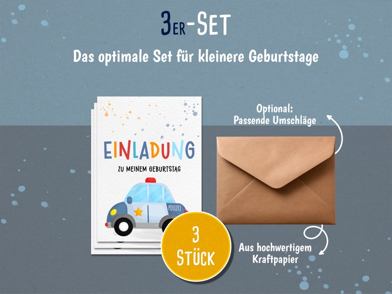May include: A set of three birthday invitations featuring a cartoon police car with the text "EINLADUNG ZU MEINEM GEBURTSTAG" and "3 ST&Uuml;CK". The invitations are printed on white cardstock with colorful dots and come with optional brown envelopes.