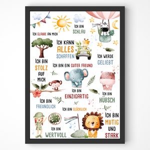 Affirmationsposter für Kinder – Stärke Selbstvertrauen & Positivität – A4/A3, Weiß, Blau oder Rosa - Positives Denken - Dschungel Tiere
