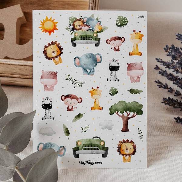 Safari Dschungeltiere Aufkleber - Bullet Journal Scrapbooking Planer - Löwe Giraffe Elefant - DIY Projekte Dekorationen Mitgebsel Geburtstag