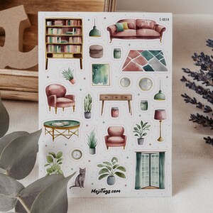 Wohnzimmer Stickerbogen - Sofa, Sessel, Katze & mehr | Perfekt für Journals, Planer, Scrapbooking und DIY Projekte
