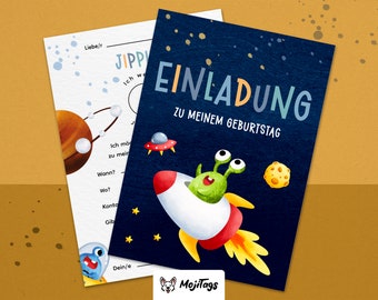 Alien Einladungskarten Kindergeburtstag | DIN A6 | Partyeinladungen | Weltraum Party | Geburtstagsparty | Einladungen Kinder Jungs Mädchen