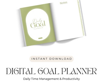 May include: A digital daily goal planner with a green cover and the text "Daily Goal Planner" in a white circle. The planner is open to a page with the text "Notes" and a blank space for writing. The planner is designed for time management and productivity.