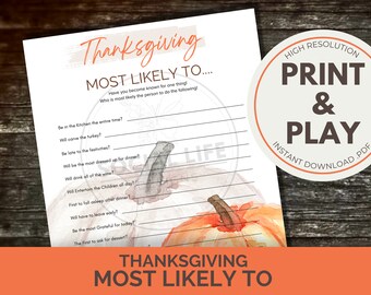 Mest sannolikt att spela, Thanksgiving-festspel, Spel för vuxna och barn, Roligt frågesportsspel, Thanksgiving-aktivitet, Thanksgiving-trivia, Utskrivbart