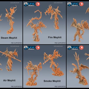 Puede incluir: Seis figuras en miniatura de mephits elementales impresas en 3D. Cada figura está pre-soportada y presenta un diseño y una pose únicos. Los mephits están hechos de plástico marrón claro y miden aproximadamente 5 cm de alto. Los mephits están etiquetados como Vapor, Fuego, Hielo, Aire, Humo y Agua.