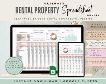 May include: A computer screen displaying a spreadsheet with the title "Ultimate Rental Property Spreadsheet Bundle". The spreadsheet is designed to help users track their rental expenses and profits. The image also includes text that says "Manage up to 20 rental properties" and "Instant Download | Google Sheets".