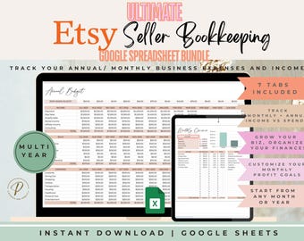 Peut inclure: Une illustration numérique rose et verte d'un modèle de feuille de calcul Google pour les vendeurs Etsy. Le modèle est conçu pour suivre les dépenses et les revenus commerciaux annuels et mensuels. Le texte "ULTIMATE Etsy Seller Bookkeeping" est en haut de l'image. Le texte "7 TABS INCLUDED" est dans une boîte rose sur le côté droit de l'image. Le texte "TRACK MONTHLY + ANNUAL INCOME VS SPENDING" est dans une boîte rose sur le côté droit de l'image. Le texte "GROW YOUR BIZ, ORGANIZE YOUR FINANCES" est dans une boîte rose sur le côté droit de l'image. Le texte "CUSTOMIZE YOUR MONTHLY PROFIT GOALS" est dans une boîte rose sur le côté droit de l'image. Le texte "START FROM ANY MONTH OR YEAR" est dans une boîte rose sur le côté droit de l'image. Le texte "INSTANT DOWNLOAD | GOOGLE SHEETS" est en bas de l'image.