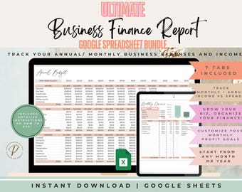 May include: A digital image of a computer screen displaying a Google spreadsheet template for tracking business finances. The spreadsheet has tabs for annual and monthly budgets, income, and expenses. The image includes the text "ULTIMATE Business Finance Report GOOGLE SPREADSHEET BUNDLE" and "TRACK YOUR ANNUAL/MONTHLY BUSINESS EXPENSES AND INCOME".
