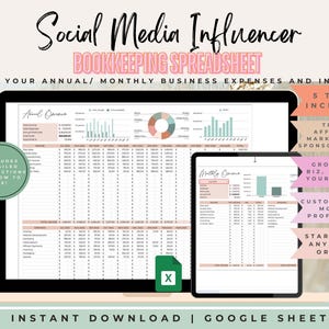 May include: A digital spreadsheet for social media influencers to track their annual and monthly business expenses and income. The spreadsheet has five tabs, including one for affiliate marketing and sponsored posts. The spreadsheet is available for instant download and can be used with Google Sheets.