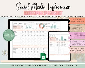 Social Media Influencer Bookkeeping Spreadsheet Bundle, Influencer Budget Spreadsheet, EDITABLE Google Spreadsheet, Influencer Template