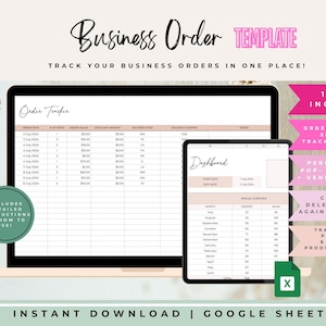 May include: A Google Sheets template for tracking business orders. The template includes a dashboard and an order tracker with columns for order date, order value, discount amount, delivery state, delivery country, and notes. The template is designed for use with pop-up booths and vendor events.