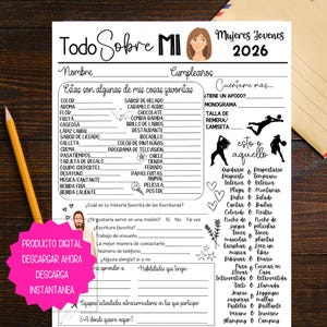 Puede incluir: Una descarga digital imprimible en español titulada "Todo Sobre MI", con secciones para completar con detalles personales, gustos y preferencias. Incluye un botón de descarga rosa y un lápiz.