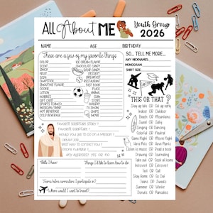 May include: A white paper activity sheet titled All About Me Youth Group 2026 with black text and line graphics. It includes sections for personal details, favorite things, a This or That questionnaire, and space for writing skills and goals.
