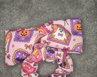 Diadema y coletero con diseño de fantasma rosa de Halloween, tejido de poliéster suave.