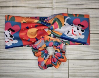 Diadema retorcida con personajes clásicos de la infancia, coletero, conjunto combinado, elefante gris, perro de fuego, bloque de color