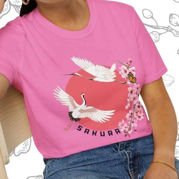 Majestic Crane Bird Shirt, Sunset of Sakura T-Shirt, Cherry Tree Tee, Vintage Japanese Sun Shirt, Pink Flowers Top, Graceful Nature-Inspired