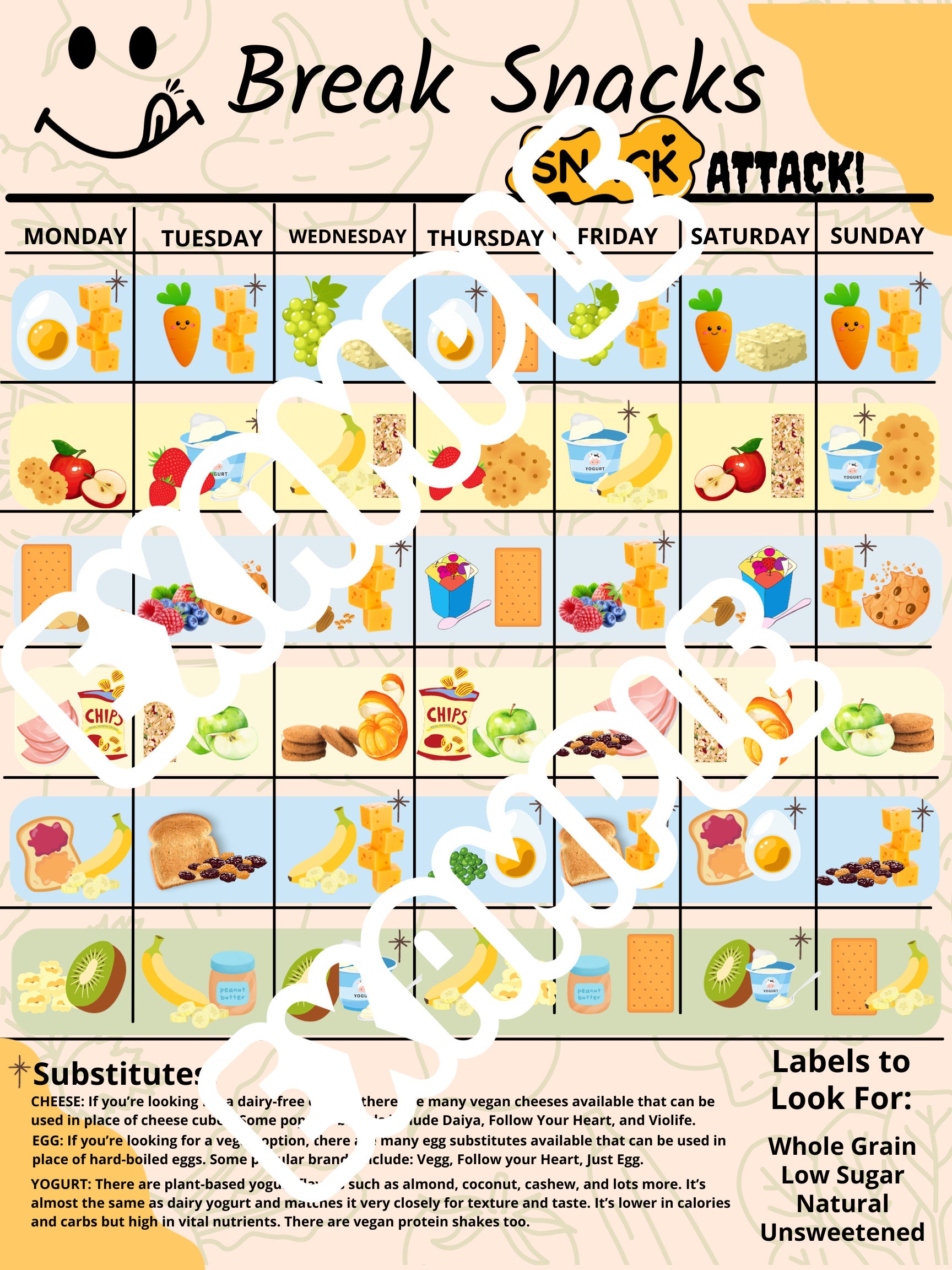 Visual Snacks Calendar for Kids and Adults, Home School Office Schedule