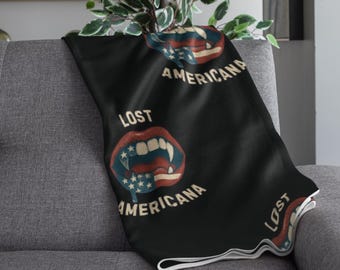 Lost Americana Vampire Fangs Plush Blanket, MGK Graphic Blanket, American Flag Lips Velveteen Throw, Distressed Patriotic USA Cozy Throw