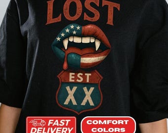 Lost Vampire Fangs T-Shirt, MGK Graphic Tee, Distressed Patriotic T-Shirt, mgk Lost EST XX Shirt, mgk concert merch, Vintage Americana Tee