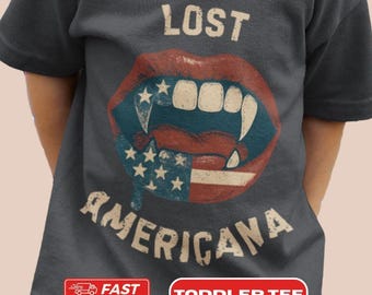 Toddler Lost Americana Vampire Fangs Softstyle T-Shirt, American Flag Lips Shirt, MGK Graphic Tee, Distressed Patriotic USA Distressed Shirt
