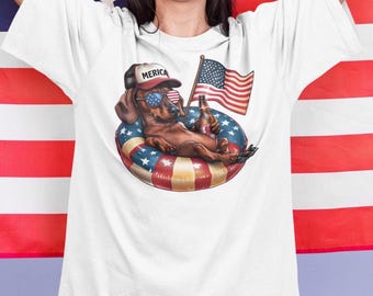 Patriotic Dachshund Pool Float T-Shirt, Merica Wiener Dog in Floatie, 4th of July Funny Dog Shirt, Beer & Freedom Tee, USA Dog Lover Gift