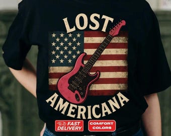 Lost Americana T-Shirt, Pink Rock Guitar Shirt with Distressed American Flag, Retro Grunge USA Music Tee for Rock, Patriotic, & MGK Fans