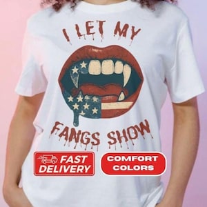 I Let My Fangs Show T-Shirt, Vampire Lip Graphic Tee, American Flag Lips Shirt, MGK Graphic Tee, Distressed Patriotic T-Shirt, Fangs USA Tee