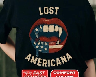 Camiseta Lost Americana Vampire Fangs, Camiseta American Flag Lips, Camiseta gráfica MGK, Camiseta patriótica desgastada, Camiseta vintage alternativa de EE. UU.